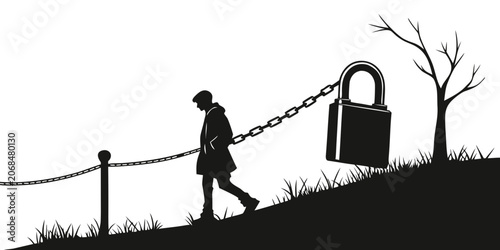 Bild auf Leinwand Silhouette of a person walking chained to a large padlock symbolizing restrictio