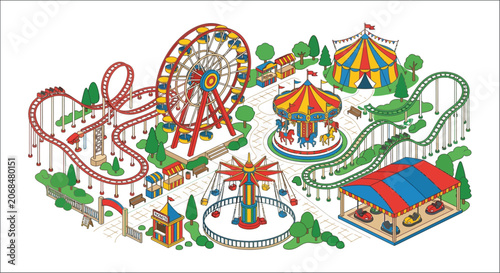 Obraz na plátně Amusement park illustration featuring a ferris wheel carousel and roller coaster