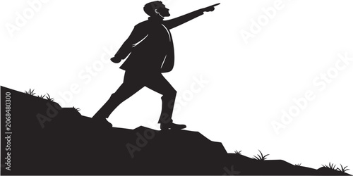 Bild auf Leinwand Silhouette of a man in suit climbing uphill and pointing with silhouette climbin