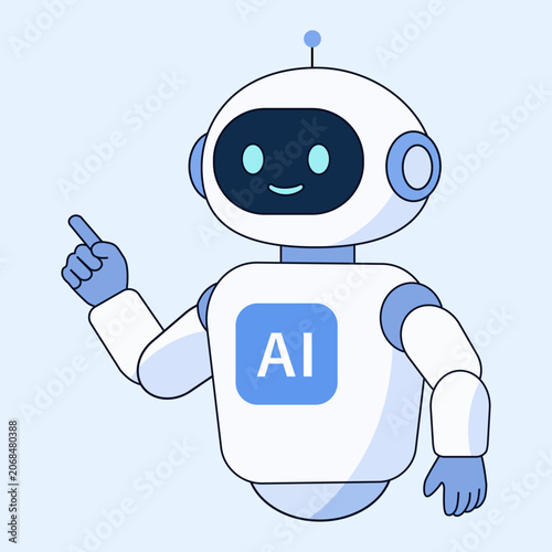 AIロボット。指差しと笑顔のキャラクターイラスト。AIアシスタント。AI robot. Pointing and smiling character illustration. AI assistant solution.