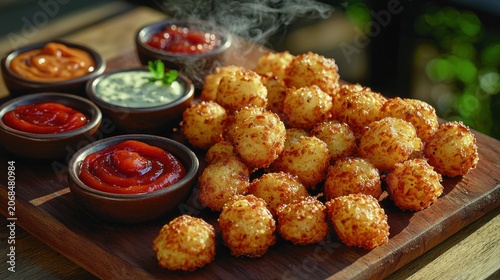 Golden crispy tater tots on wooden cutting board with colorful dipping sauces in small bowls including ketchup and green sauce steaming hot comfort food
