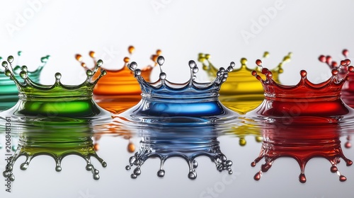 Liquid drop collision colorful crown formations high-speed photography multiple simultaneous impacts water splash patterns frozen droplets commercial stock