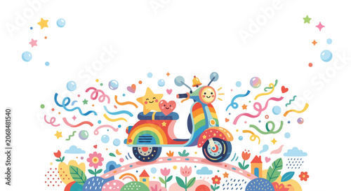 Cuadro en lienzo Whimsical rainbow-colored moped traveling across a vibrant landscape filled with stars, hearts, and flowers, featuring festive confetti and bubbles