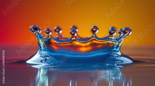 Droplet crown splash with vibrant gradient background showing translucent liquid petals extending upward from impact point in macro photography detail formation