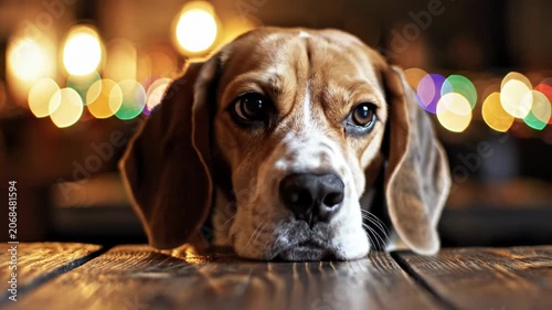 Close-up of a tricolor beagle dog resting its chin on a rustic wooden table indoors, showing a sad facial expression with blurred colorful bokeh light background.
