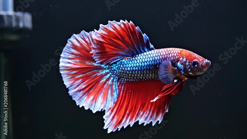 Vibrant red and blue Siamese fighting fish (Betta splendens) with long flowing fins swimming in a dark freshwater aquarium, close-up view showing detailed scales and metallic colors.
