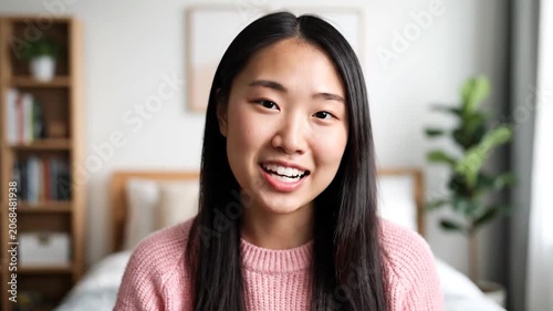 Young Asian woman talking to camera in a bright bedroom