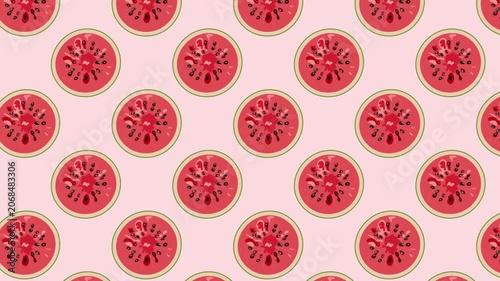 Watermelon seamless pattern, fresh fruit slice stop motion animation on pink background