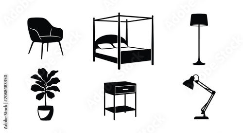 Tableau sur toile Canopy bed silhouette black vector illustration on a white background