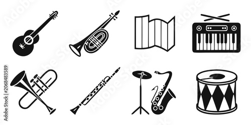 Canvas Print Set of black and white musical instruments silhouette icons collection for graph
