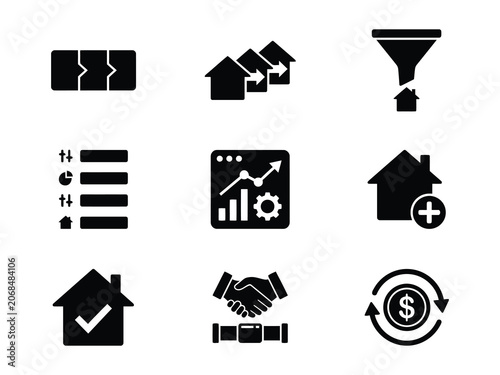 Obraz na plátně Set of black real estate and business icons showing houses buildings charts hand