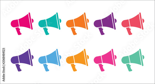 Fotografía Colorful megaphone silhouettes arranged in two rows against a white background m