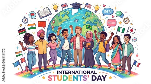 Diverse group of students celebrating international students' day with global elements and flags