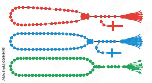 Konstfotografi Three colorful beaded necklaces with tassels and crosses flat vector illustratio