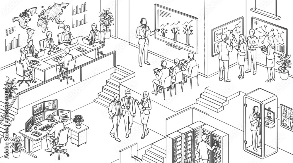 Fototapeta premium Detailed Isometric Office Illustration showing a Modern Business Workspace with Corporate Teams in Meetings and Presentations