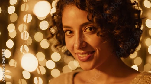 Close-up portrait of a young woman with short curly brown hair smiling at the camera against a warm background of glowing golden bokeh fairy lights in a dark room.