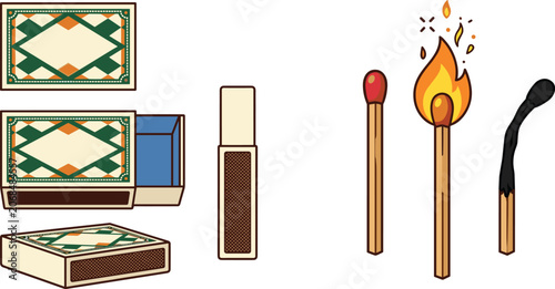 Minimalist vintage matchbox set with safety matches burning flame and burnt matchstick vector