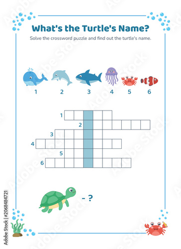 Cute cartoon marine animal crossword puzzle worksheet vector asset