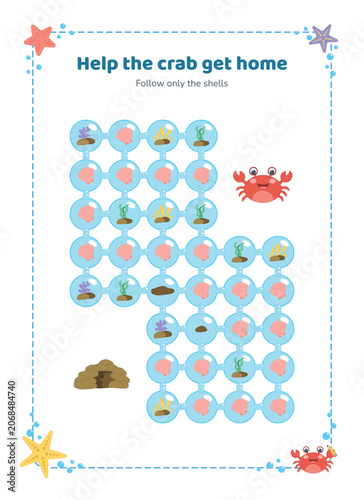 Cute cartoon crab maze puzzle worksheet vector asset