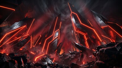 Papier peint photo Bordeaux Dramatic dark sci-fi landscape with glowing red crystal formations and sharp rocky spires emerging from smoky volcanic terrain at night.  © HRIDOY