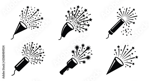 Tableau sur toile Party popper with star and confetti bursts black vector illustration
