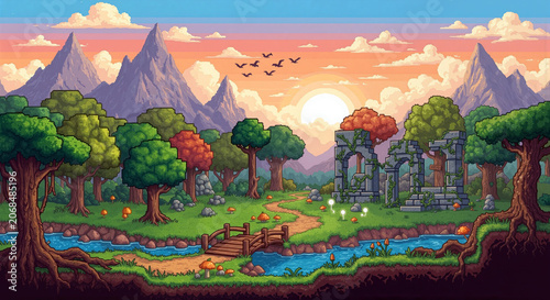 Pixel art landscape with trees ruins and mountain range at sunset serene natural scenery with stream and wooden fence fantasy world with vibrant colors and dramatic sky.