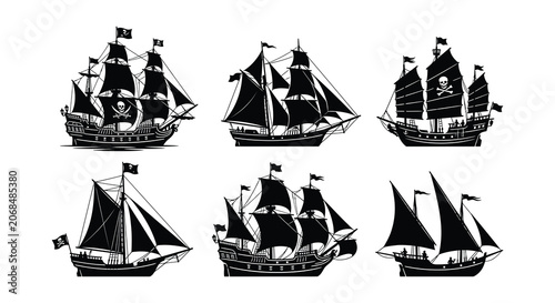 Tableau sur toile Pirate Ship And Related Objects Black Silhouette Vector Illustration