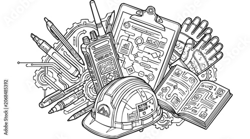 Industrial safety and construction equipment collection featuring a hard hat, walkie talkie, and technical manual with engineering gears and clipboard