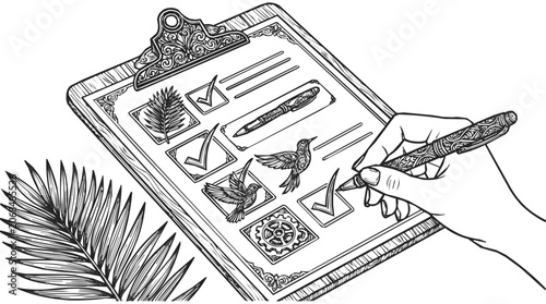 Artistic vintage engraving of a hand holding a pen to place a checkmark on a task checklist held by a clipboard, featuring nature and bird motifs