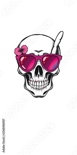 Illustration of a hand-drawn skull with rose-colored glasses and a peace sign, punk rock, counter culture
