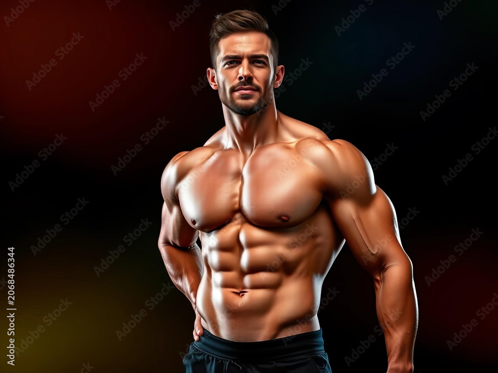 Fototapeta premium Muscular physique radiates confidence against dark background, sporty, fearless