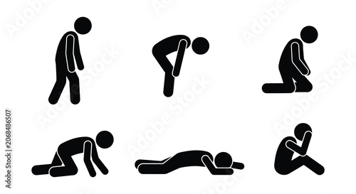 Human stick figure silhouettes in various poses black on white background