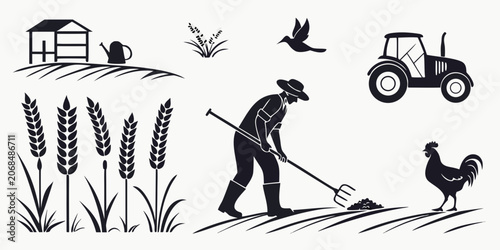 Bild auf Leinwand Set of black and white farming icons featuring a farmer with a pitchfork tractor