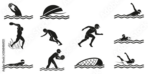 Foto Water sport activity silhouettes including swimming and water polo with swimming