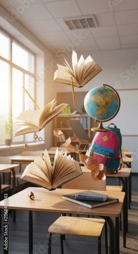 Books and a globe floating in a sunlit classroom, symbolizing education and learning.
