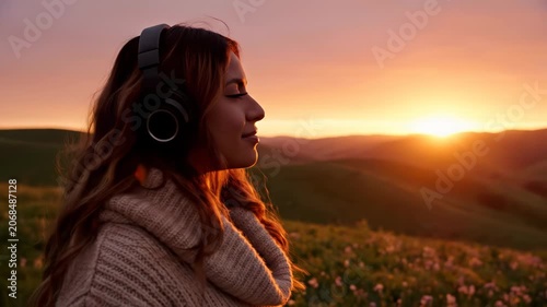 Side profile of young woman with wavy hair wearing black over-ear headphones and beige sweater in a grassy field during golden hour sunset with rolling hills background.