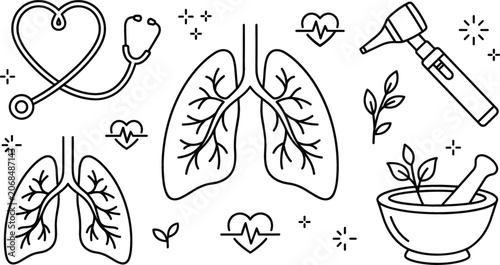 Tableau sur toile Medical pulmonology respiratory health line art vector set with human lungs hear