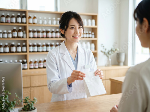 薬局で患者に薬を渡す白衣の笑顔の女性