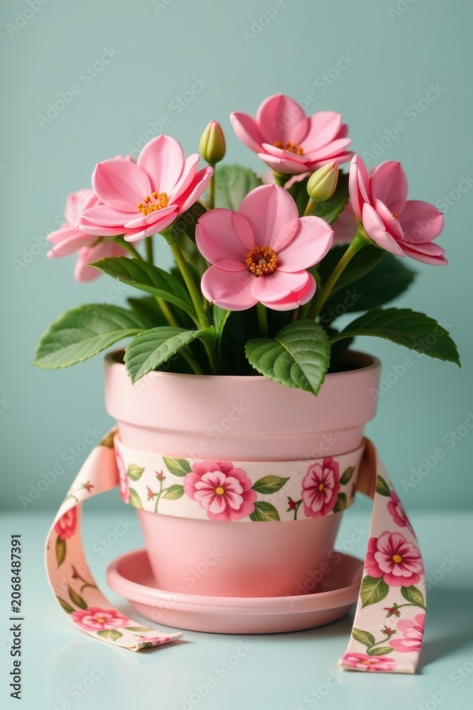 Obraz premium Floral ribbon wrapped around a pastel pink flower pot, spring flowers, ceramics, feminine design