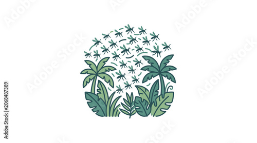 Εκτύπωση καμβά Mosquito swarm over palm trees and tropical leaves
