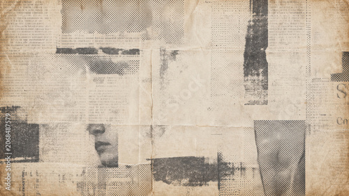 Vintage collage background, made of old, newspaper clippings with, halftone dots generated, using ai