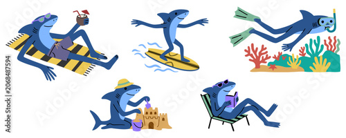 Tableau sur toile Funny blue shark beach vacation set with shark sunbathing with coconut drink, surfing on board, snorkeling over coral reef, building sandcastle and reading book