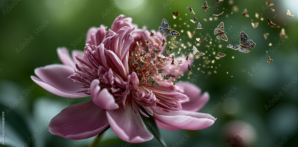 Fototapeta premium Richly textured garden bloom with delicate butterflies and golden specks scattering around
