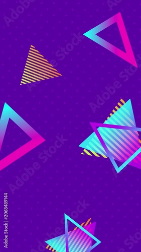 Abstract 80s Retro Neon Pop Art Memphis Geometric Shapes Triangle patterns futuristic synthwave style.