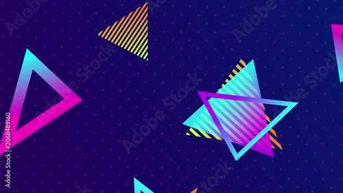 Abstract 80s Retro Neon Pop Art Memphis Geometric Shapes Triangle patterns futuristic synthwave style.