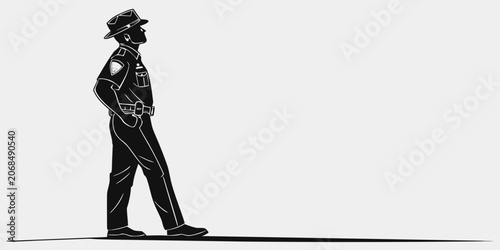 Fotografie Minimalist graphic silhouette of a police officer in uniform standing and observ
