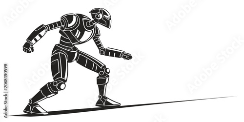 Canvastavla Black and white graphic art of athletic robot prepared in crouching stance with