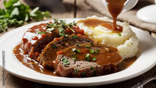 Pouring savory brown gravy over sliced meatloaf garnished with fresh herbs and served alongside creamy mashed potatoes with a pat of melting butter on a white ceramic plate.