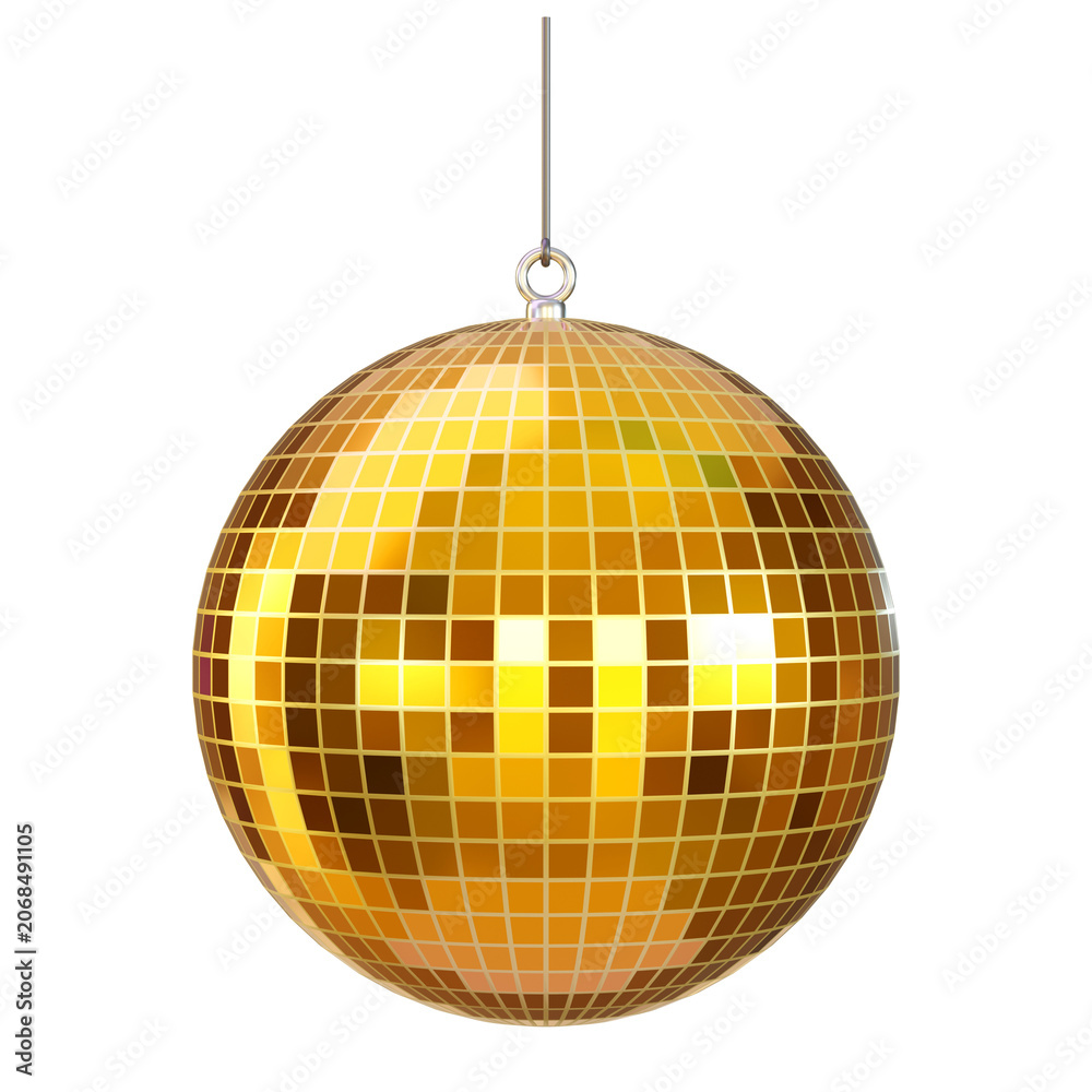 Obraz premium Glossy yellow and gold Disco Ball, isolated on background for vibrant party decoration, 3D render. 