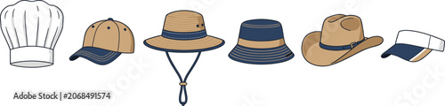 Different types of hats set, chef, baseball, safari, bucket, cowboy hat vector illustration icons
